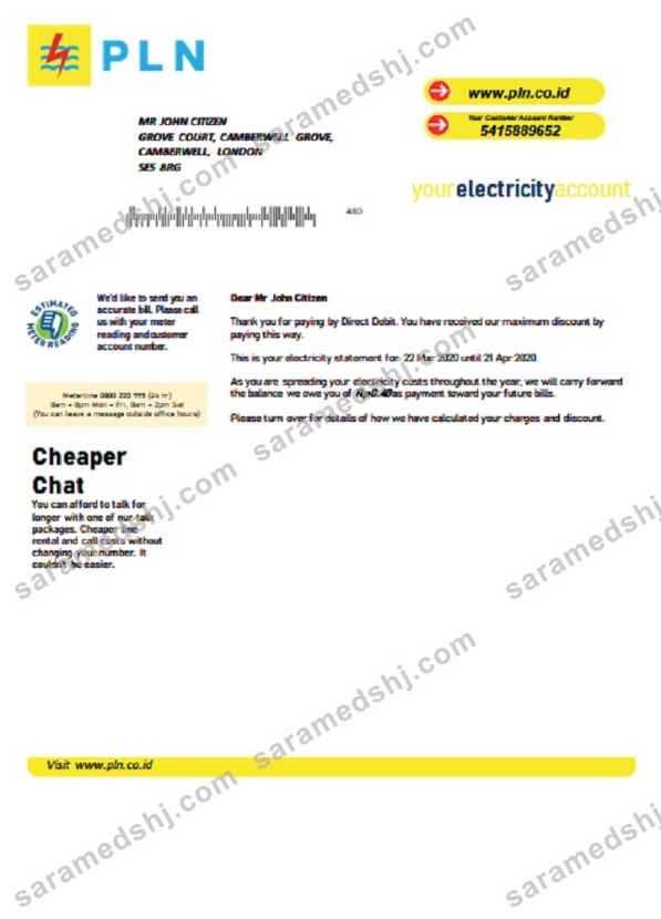 Indonesia PLN electricity utility bill template in Word and PDF format